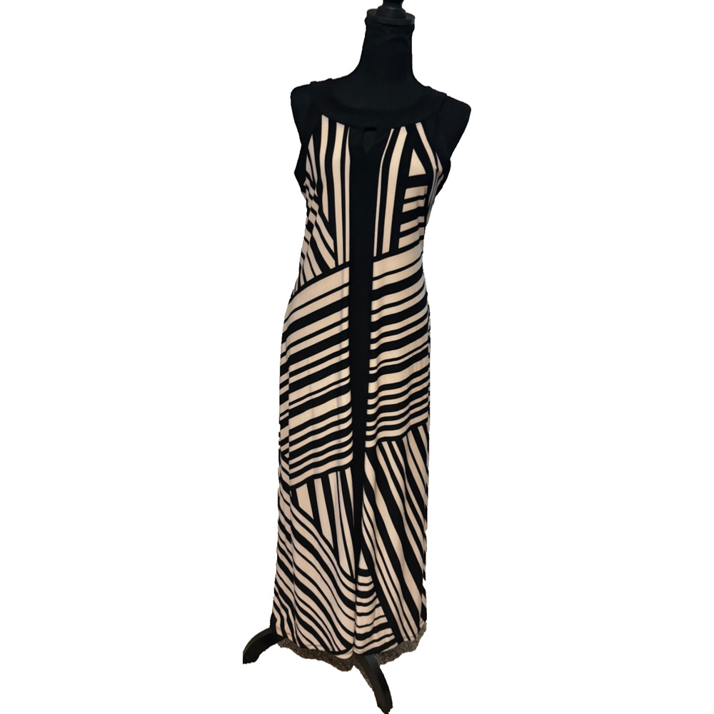 New Susan Lawerence Sleeveless MAXI DRESS Sz S Geometric Black Tan Striped Chic‎